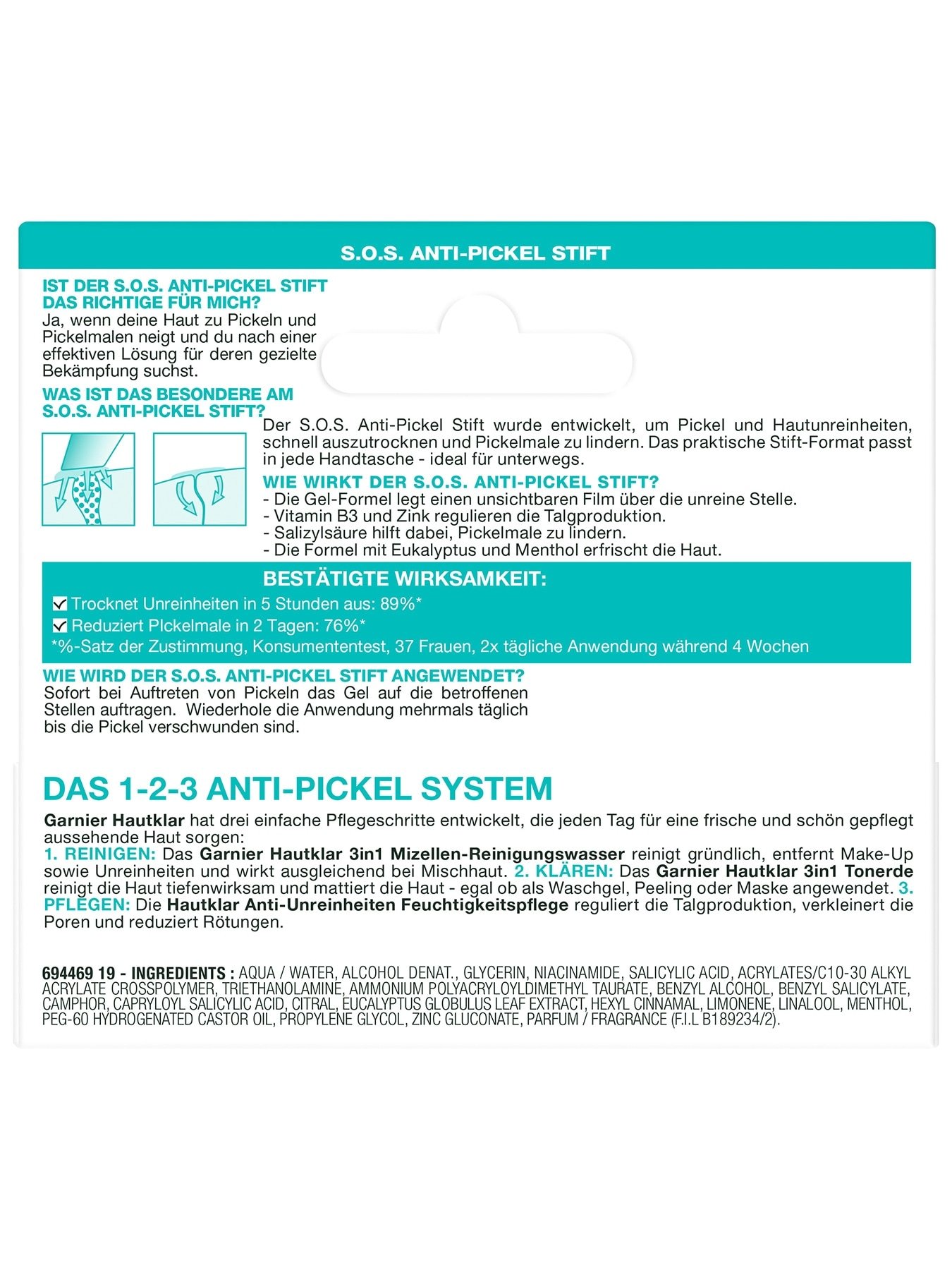 Garnier Hautklar S.O.S. Anti-Pickel-Stift - Ansicht Verpackung Rückseite